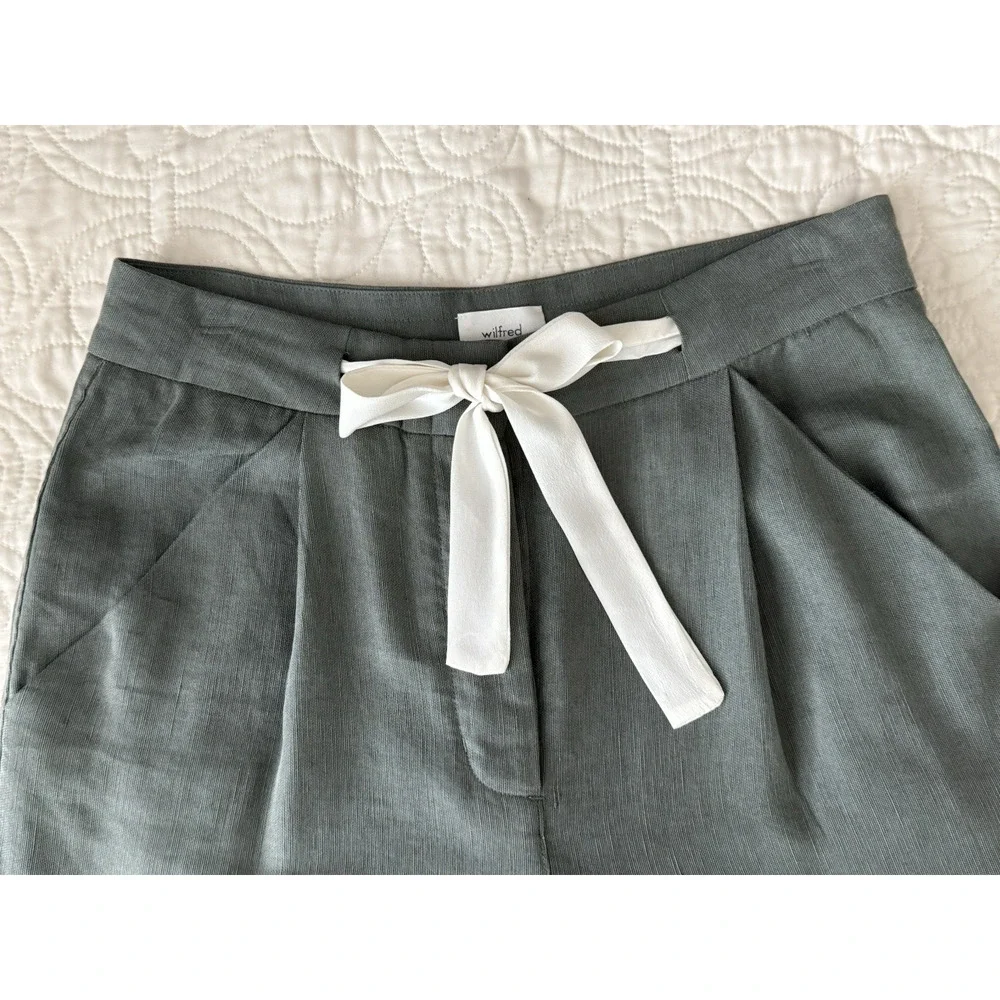 Aritzia Wilfred ALLANT‎ Women's Pants Sz 4 Green Cropped Tie Waist Linen Lyocell